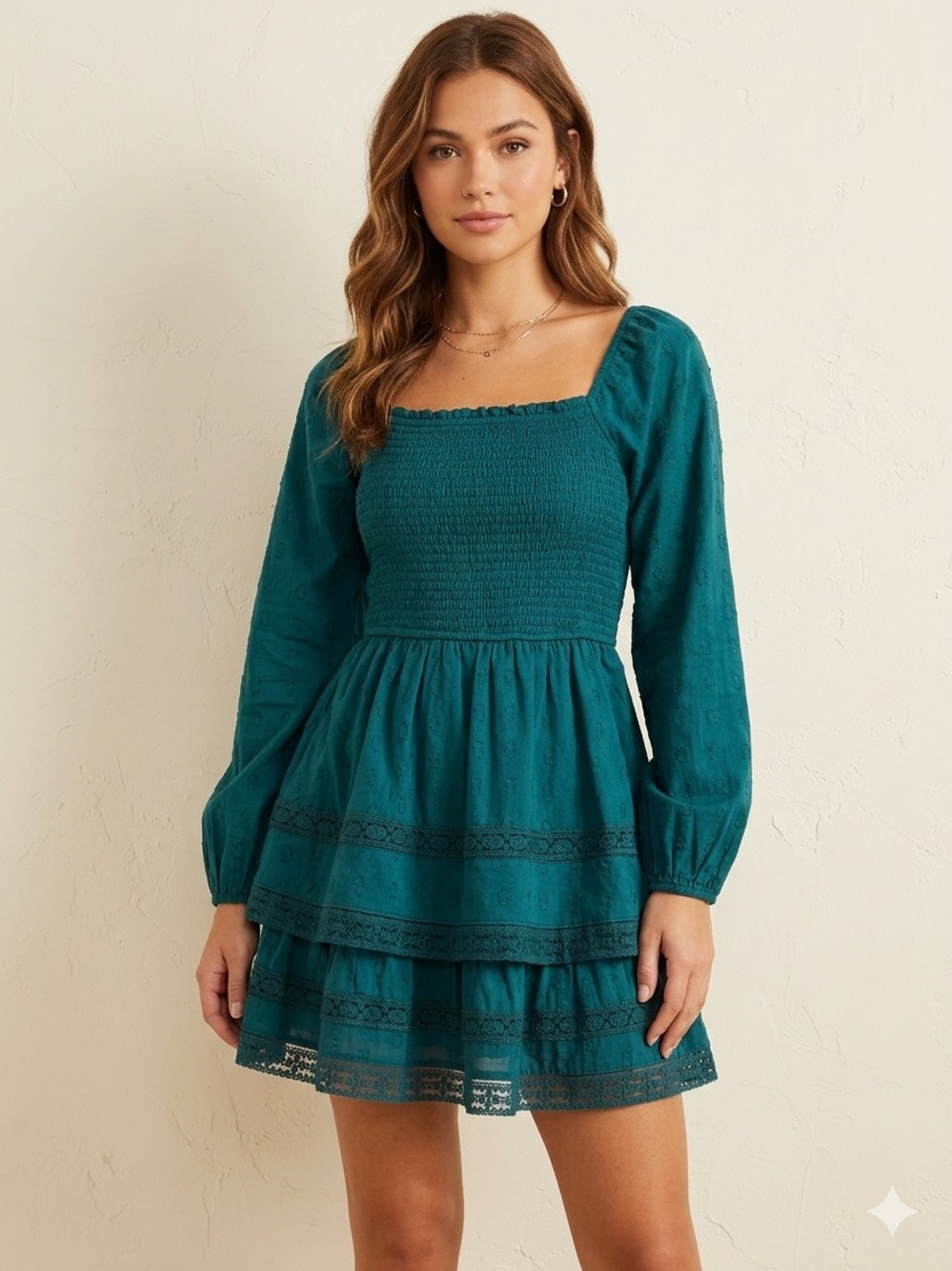 Altar'd State Teal Smocked Square-Neck Tiered Mini Dress